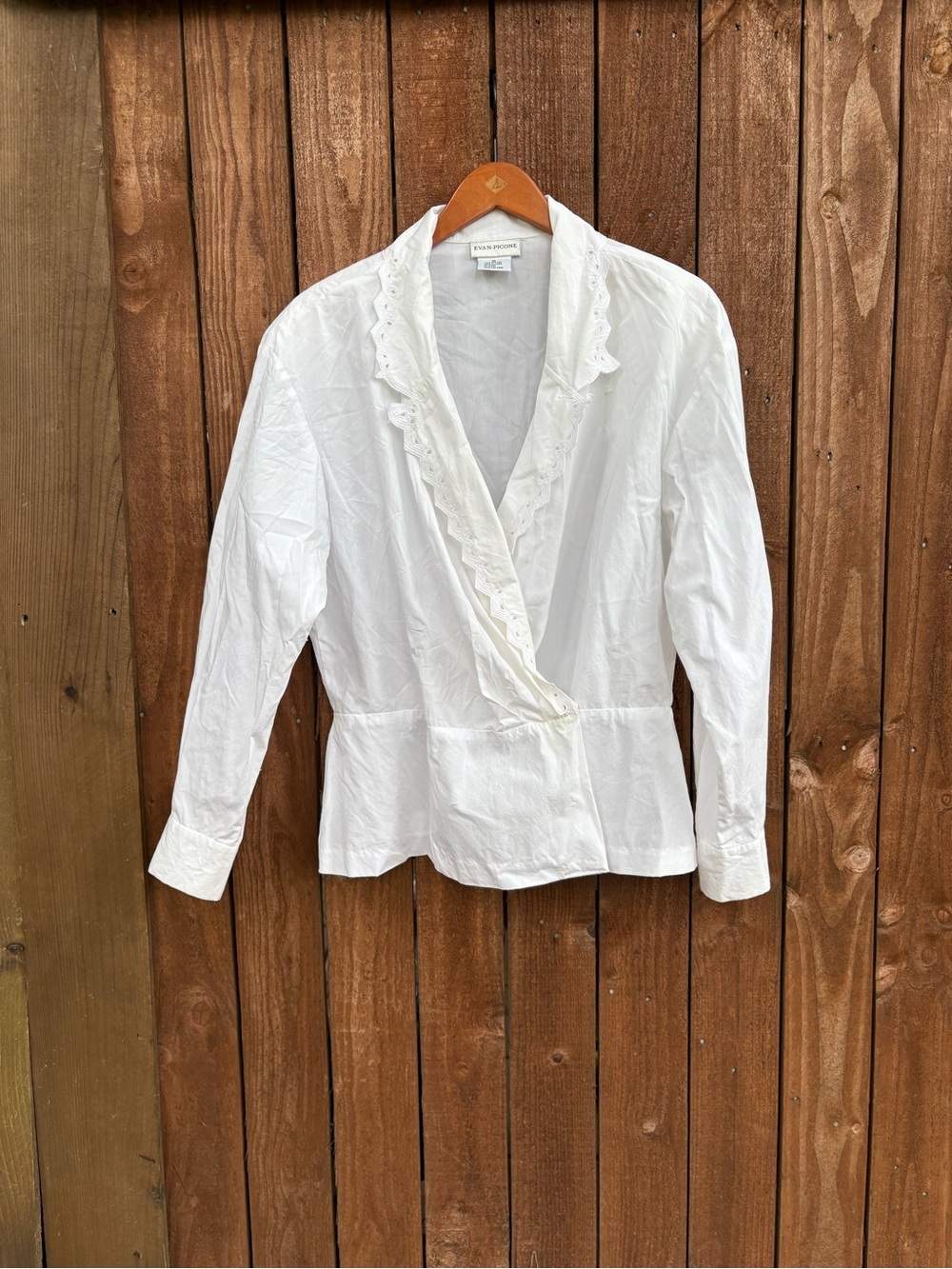 Vintage Evan Picone Crisp White Cottagecore Wrap Long Sleeve Blouse